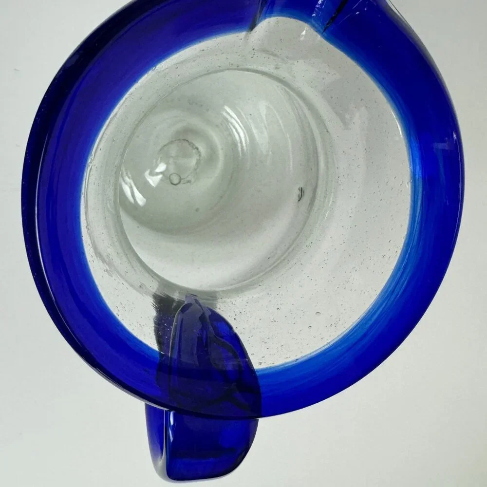 Vintage Hand Blown Cobalt Blue Rim Handle Glass Pitcher
